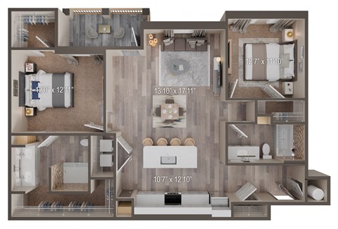 Floor plan for 2 beds, 2 baths, 1350 sqft